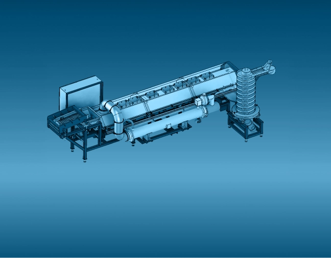 3D rendered model of industrial machinery with interconnected components and a control box on a gradient blue background.