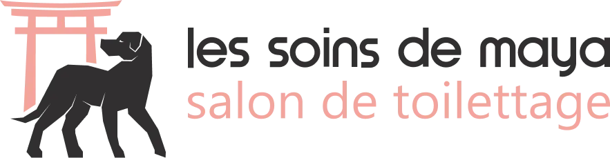 Logo représentant une silhouette noire de chien sous un torii rouge, avec le texte Les Soins du Tigre salon de toilettage.