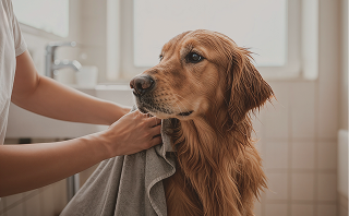 Un golden retriever est en train d'être séché avec une serviette dans une salle de bain lumineuse.