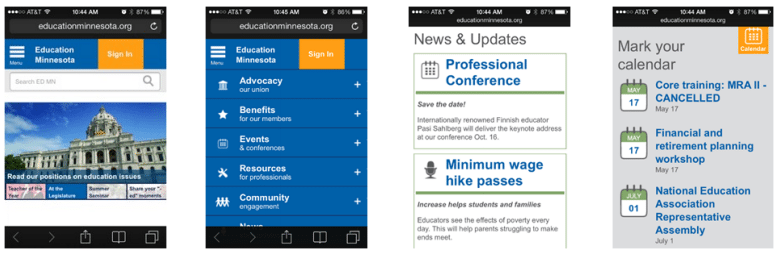 4 screenshots depicting different pages of the Education Minnesota website
