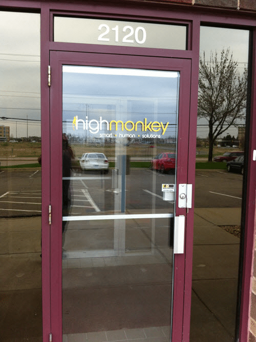 High Monkey logo on the glass front door