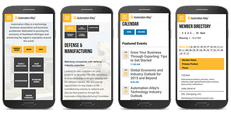 Four screenshots of the Automation Alley site on mobile devices