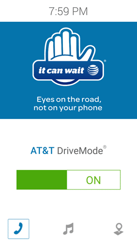 screenshot of AT&T drive mode. Large hand with overlaying text "it can wait" and subtext "eyes on the road, not on your phone" with an on/off toggle in the on position