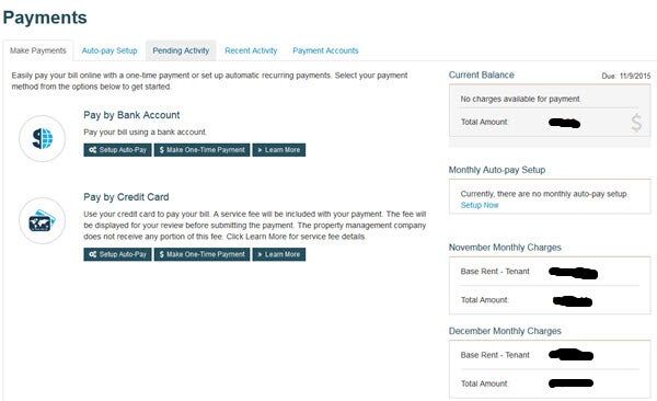 screenshot of rent payment website