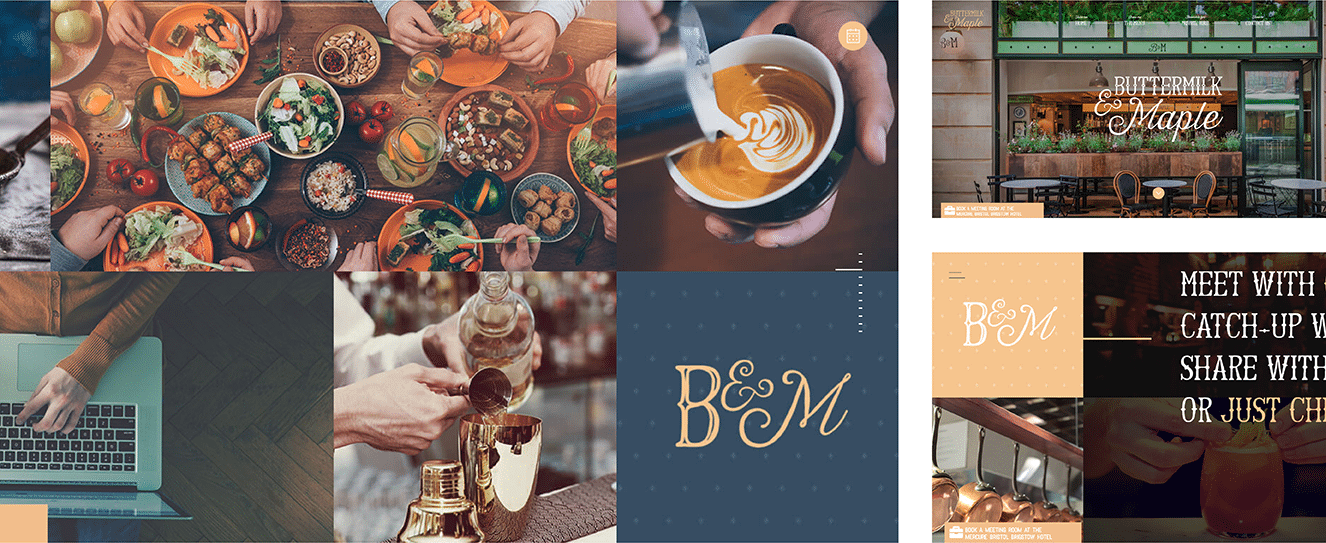 screenshot of butter and milk website. Images of coffee, a meal spread, and the storefront.