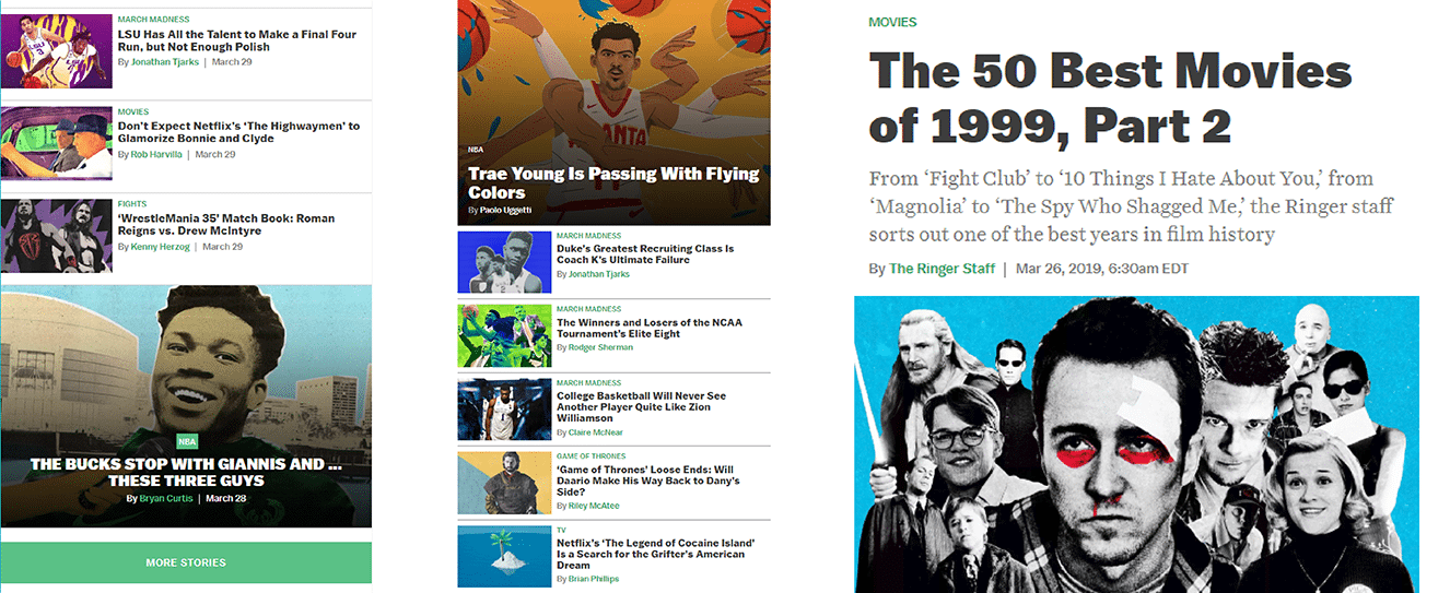 Screenshots of The Ringer website, showing a list of articles and one example page of an article.