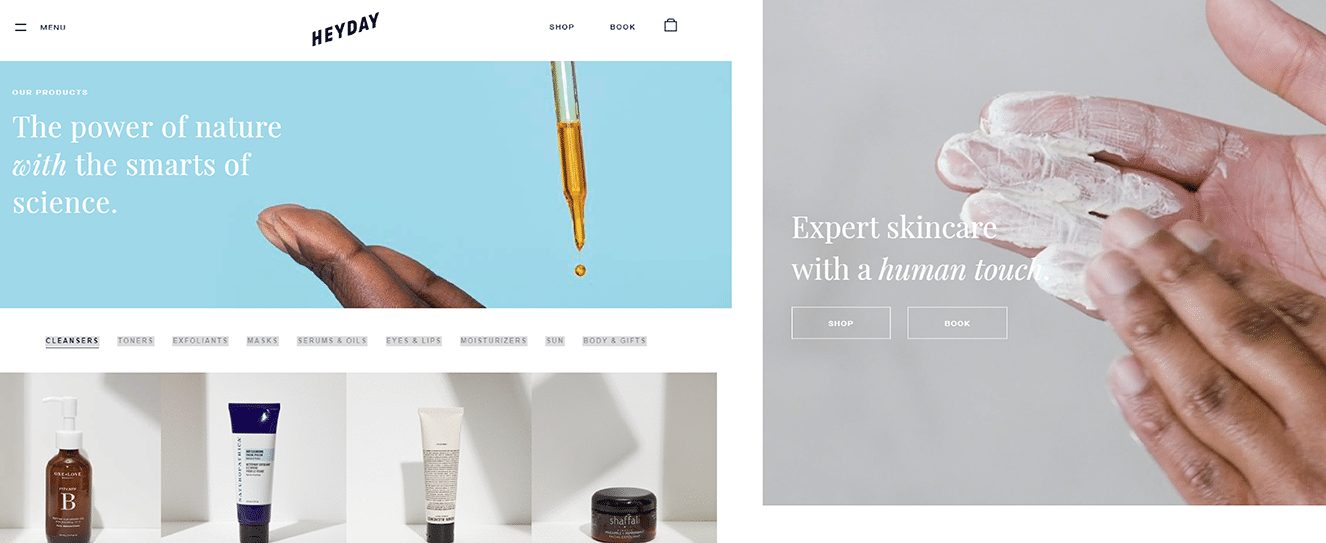 screenshot of Hey Day website. Showing skincare products and application