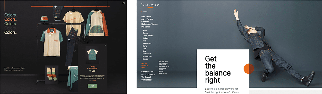 screenshots of Nudie Jeans website, one page showcasing products and the homepage