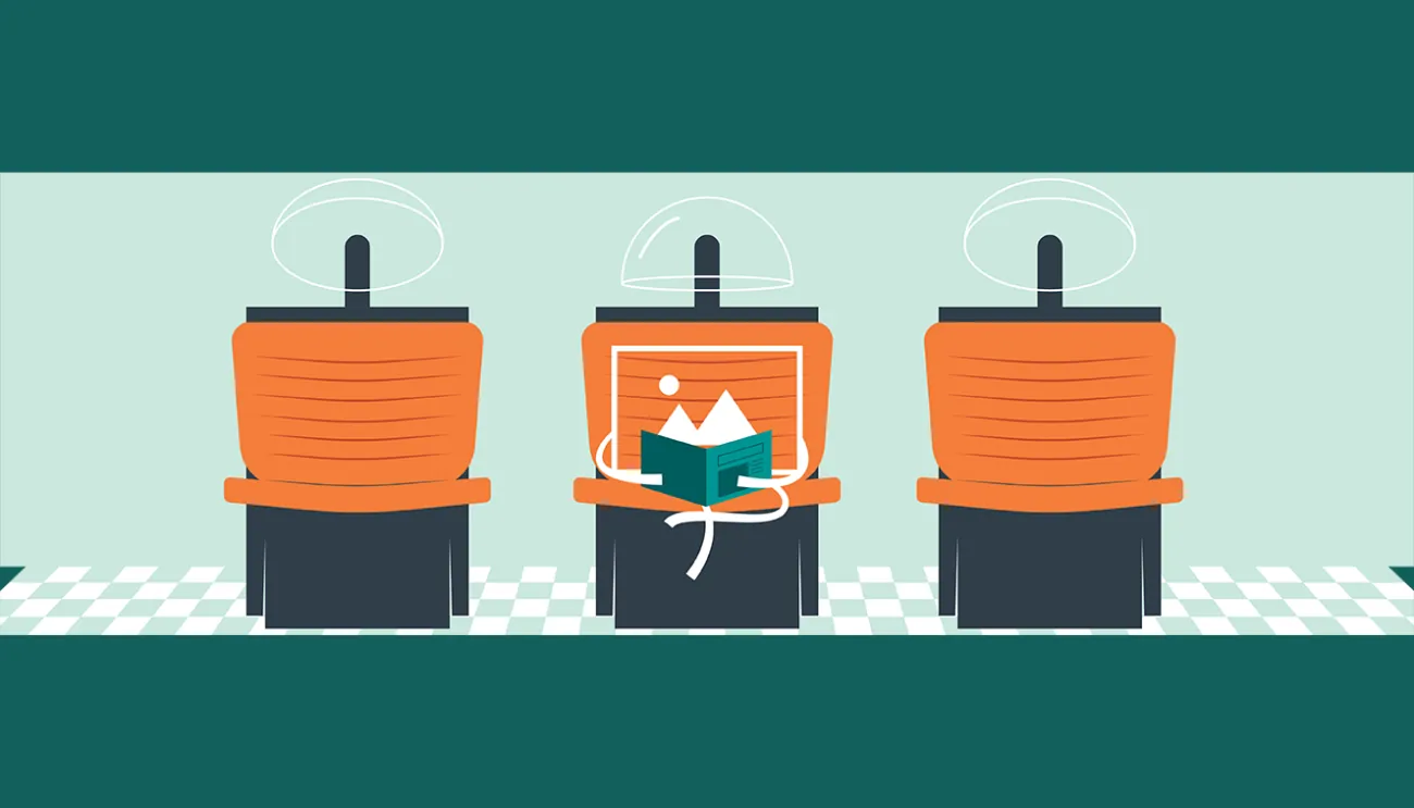 Cartoon of computer reading a book on a chair