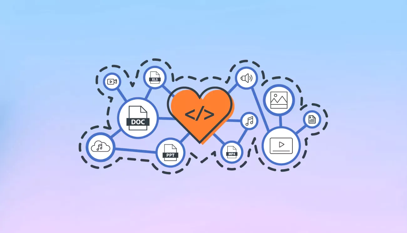 A heart surrounded by a web of technology-related icons.