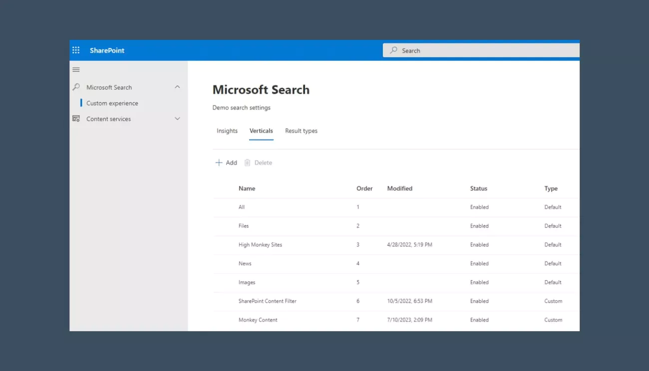 Screenshot of Custom Vericals within Microsoft Search