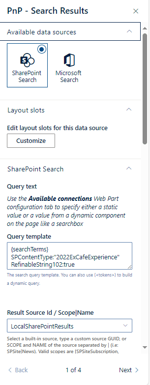 PnP search results configuration screen