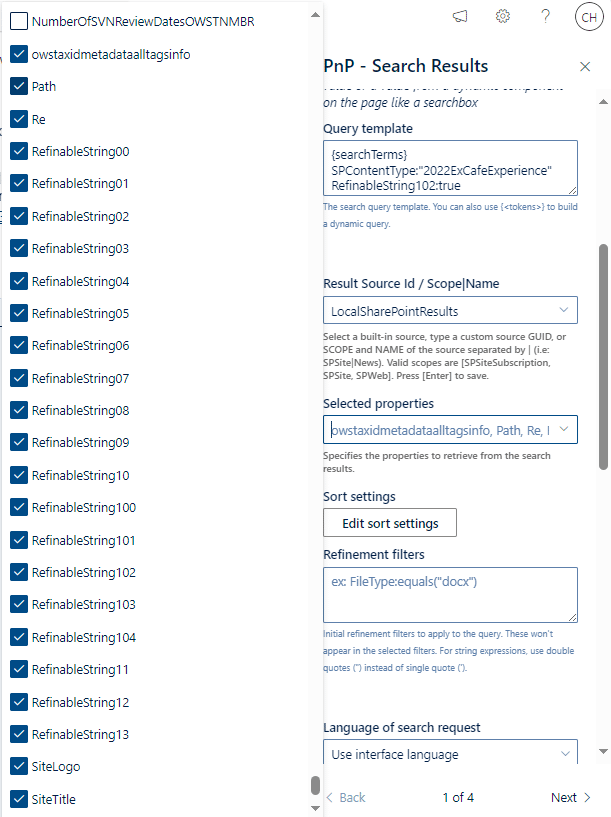 PnP "selected properties" dropdown