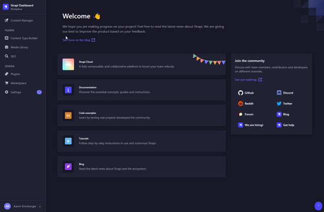 Strapi welcome screen