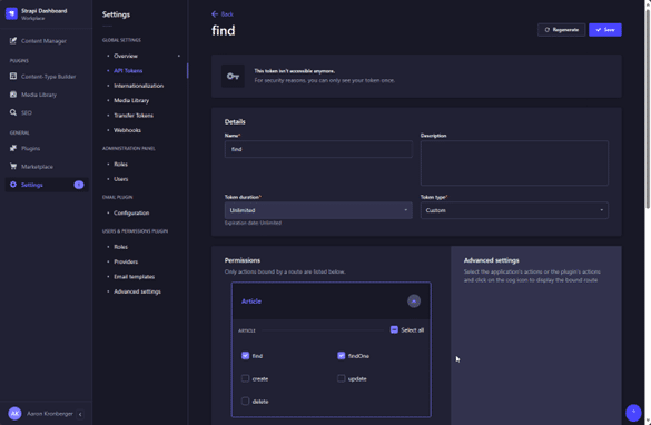 Strapi settings, API tokens, permissions, & roles.