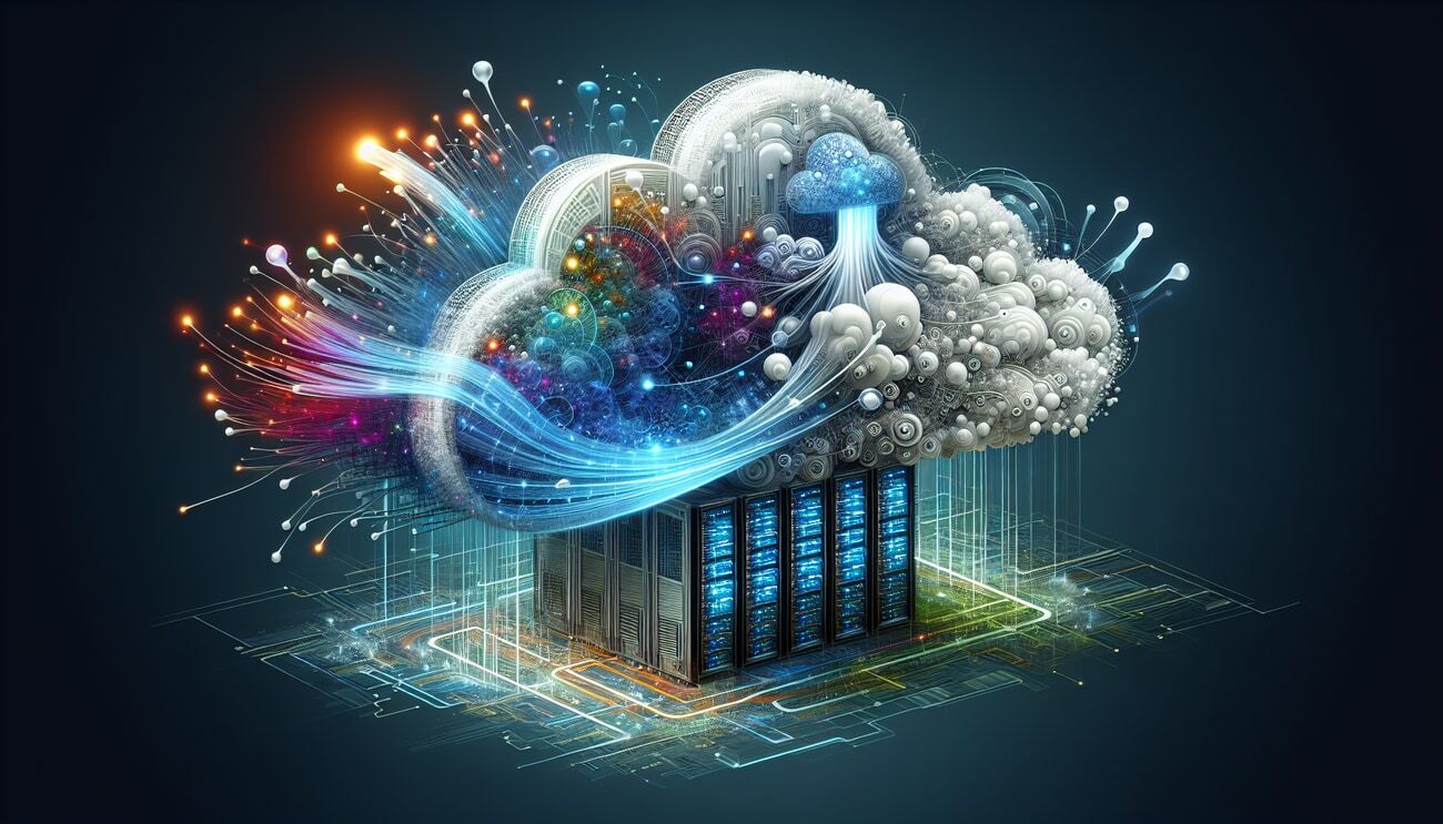 A futuristic digital illustration of a cloud computing system with vibrant data streams flowing into a network server.