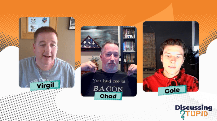 Screenshot of Discussing Stupid episode 1, featuring Virgil, Chad, and Cole.