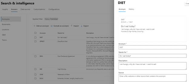 Screenshot of DIET acronym when clicked on in Search & Intelligence dashboard