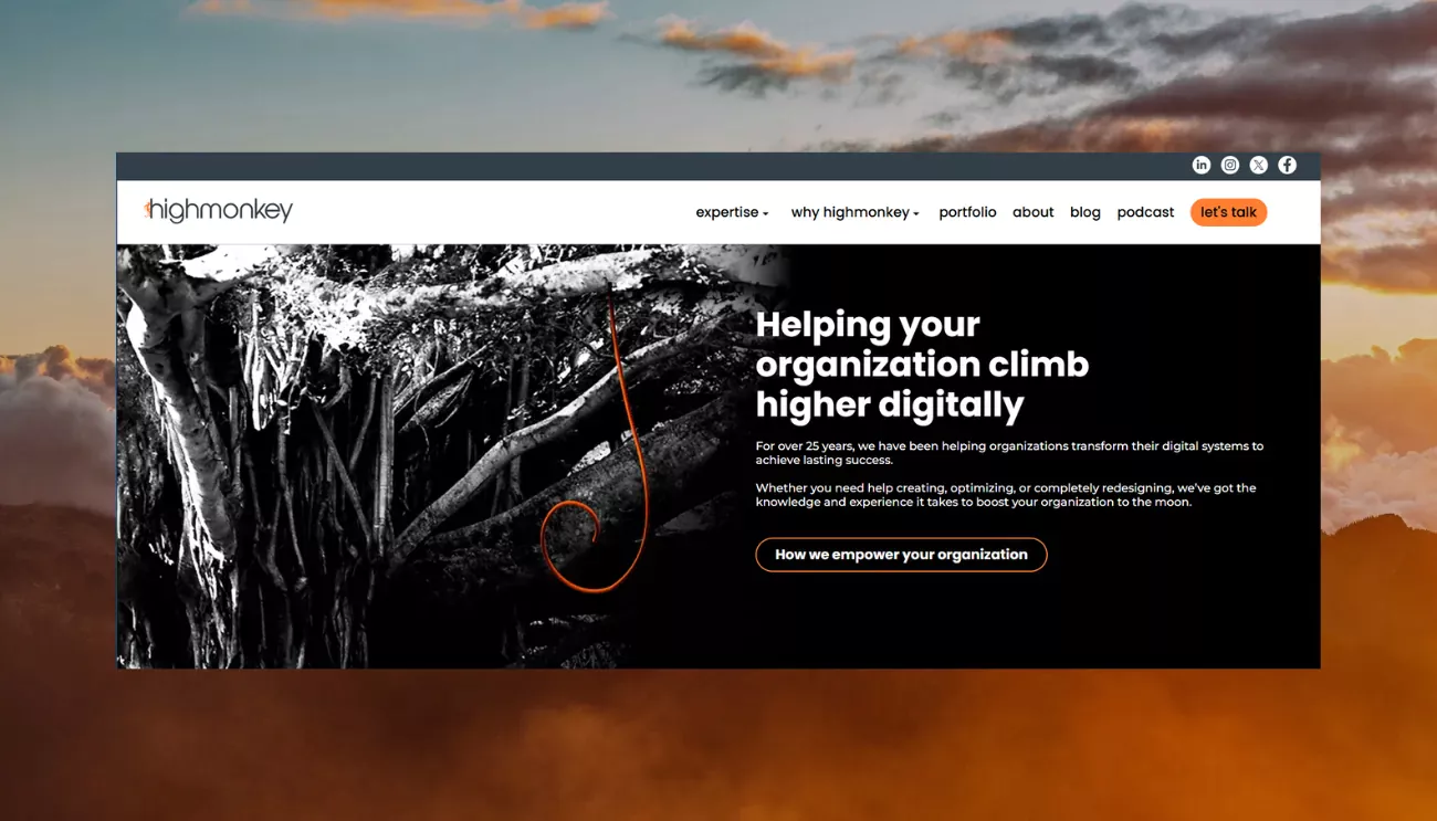 Screenshot of the new HIgh Monkey homepage pasted on top of a cloudy mountain background