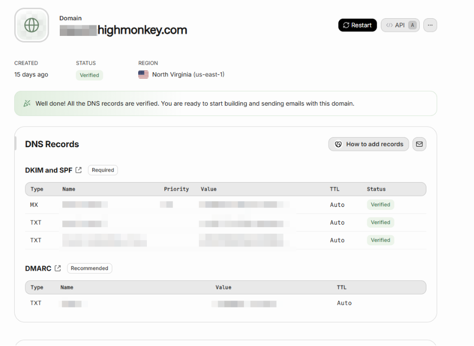 Resend domain setup page displaying required DNS records for domain verification.