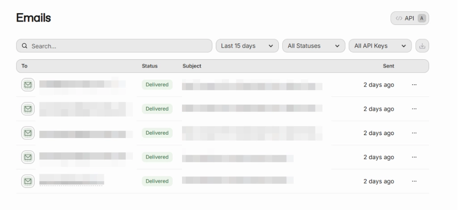Resend Emails page listing recently sent messages with status indicators and delivery details.