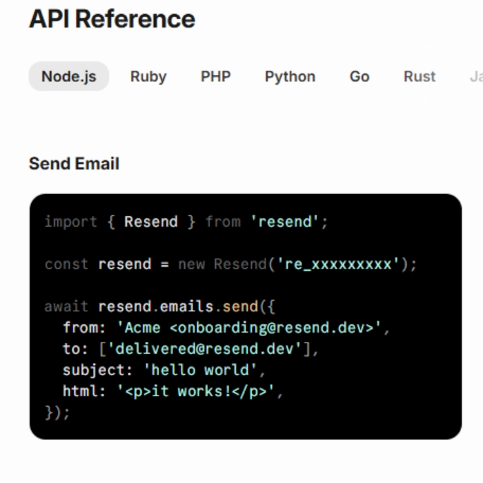 Resend interface displaying sample API code for sending email, including imports and request structure.