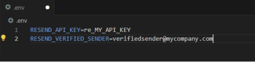 Code editor showing API key and verified sender values being added to environment variables in a Node or Next.js project.