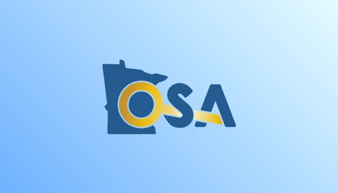 OSA (Office of the State Auditor) logo, Minnesota state outline with a gold ring and arrow forming the O and accent. Light blue background.
