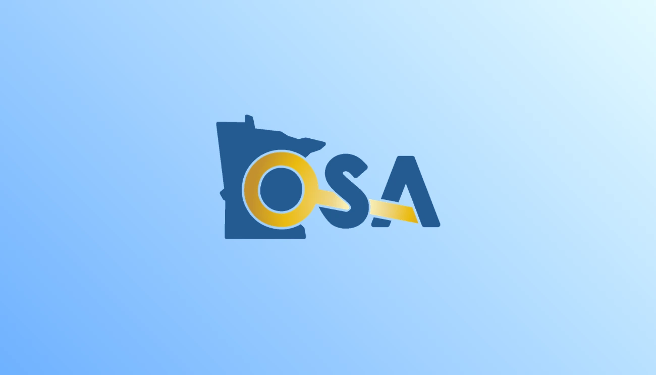 OSA (Office of the State Auditor) logo, Minnesota state outline with a gold ring and arrow forming the O and accent. Light blue background.