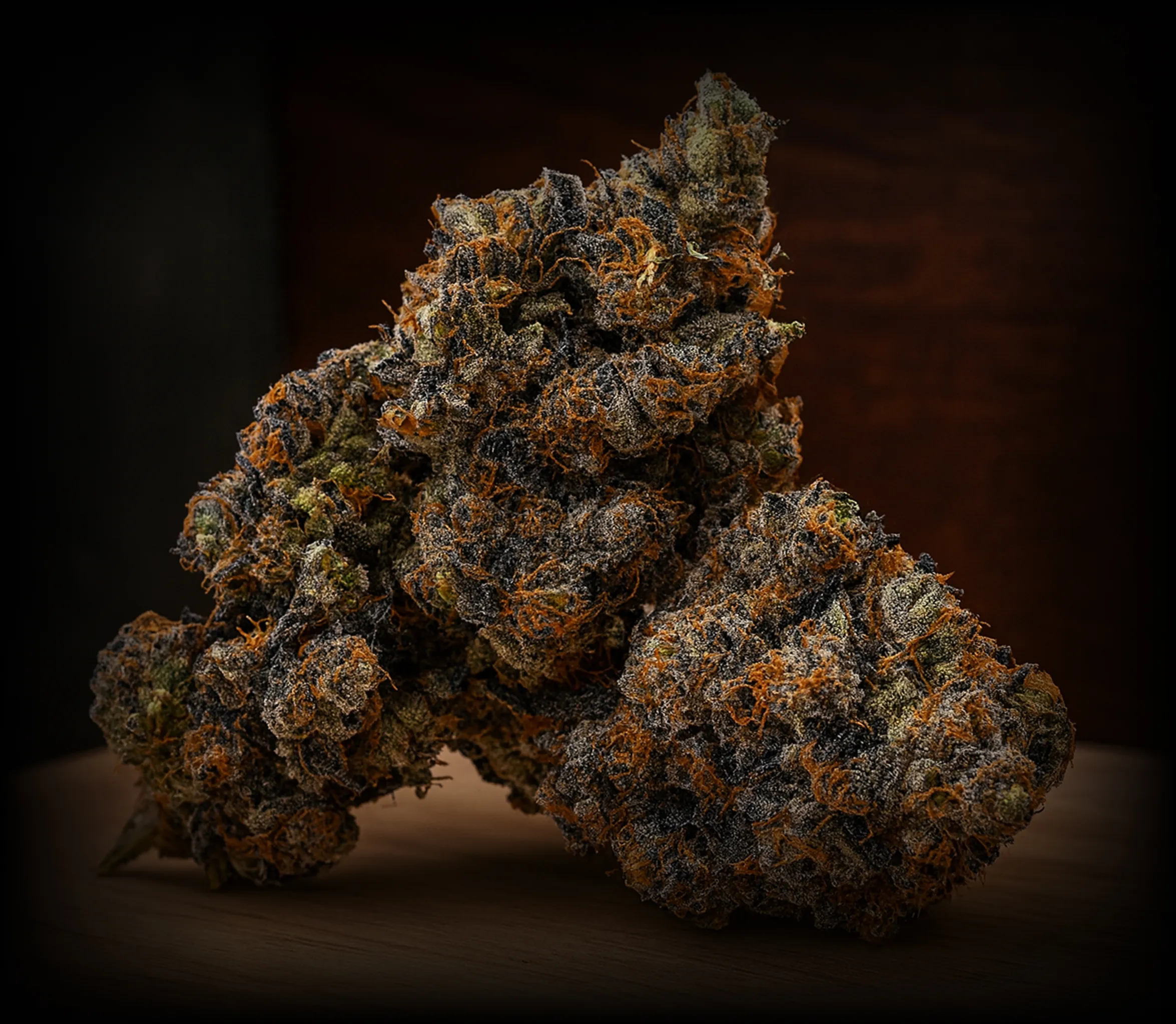 Close-up dark cannabis bud with orange hairs showcasing premium indoor flower California