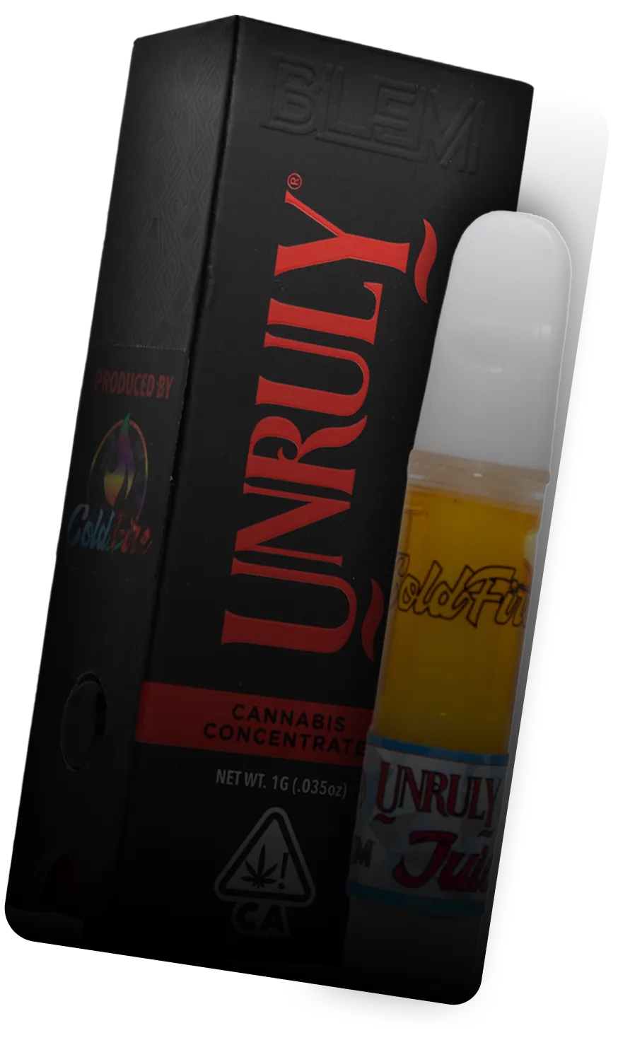Unruly cannabis vape cartridge and black box design representing top shelf weed delivery California