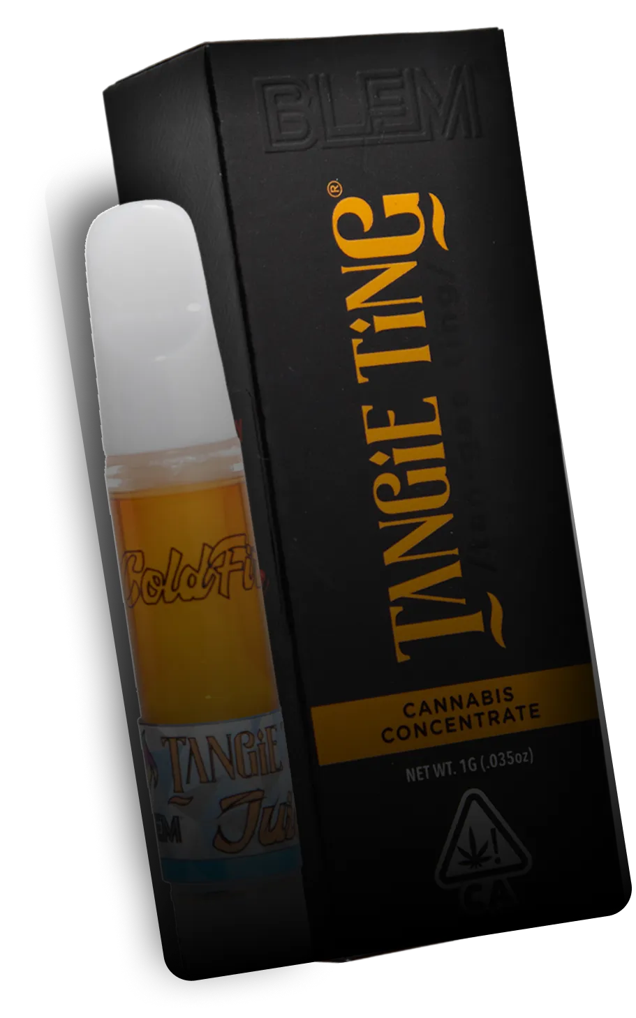 Tangie Ting cannabis concentrate vape with bold yellow text for high THC flower California