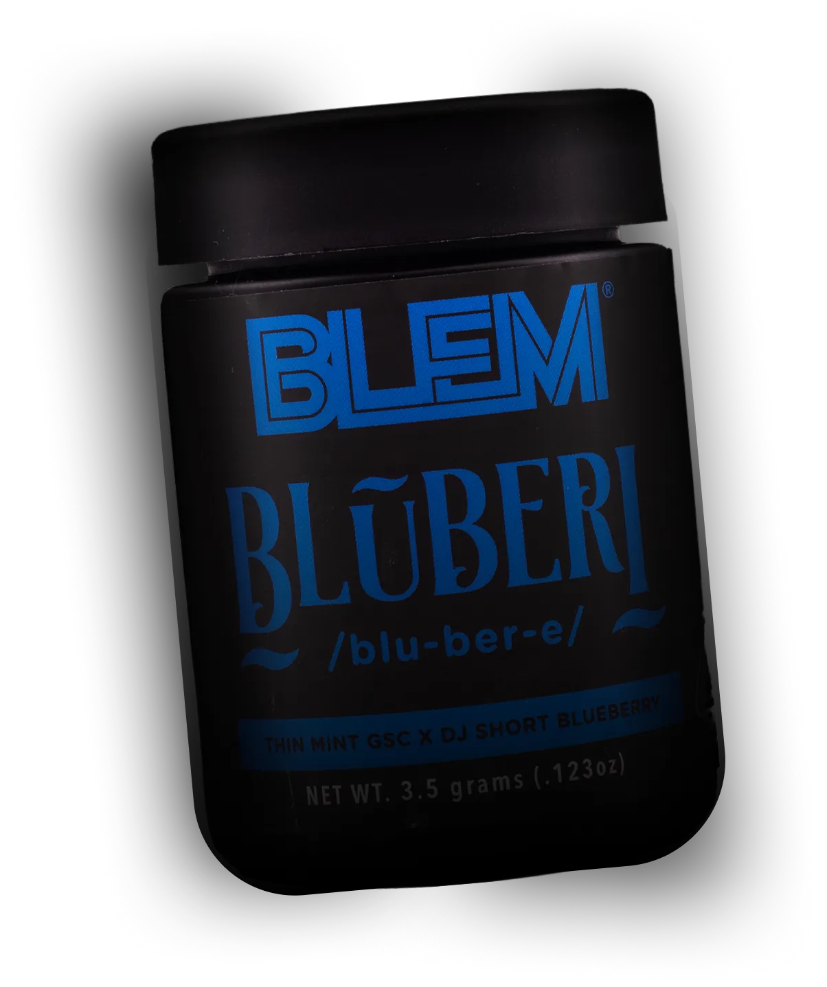 BLEM Bluberi hybrid flower jar featuring premium weed California with blueberry lineage