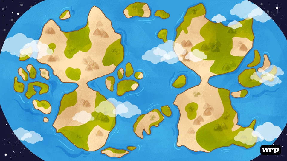 Cartoon map of a fictional world shaped like two large cat paw prints with green land, mountains, and clouds over blue ocean.