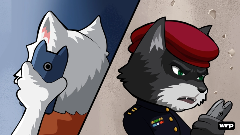 Two animated cats: one white cat holding a phone, and one black cat in a military uniform with a red beret.