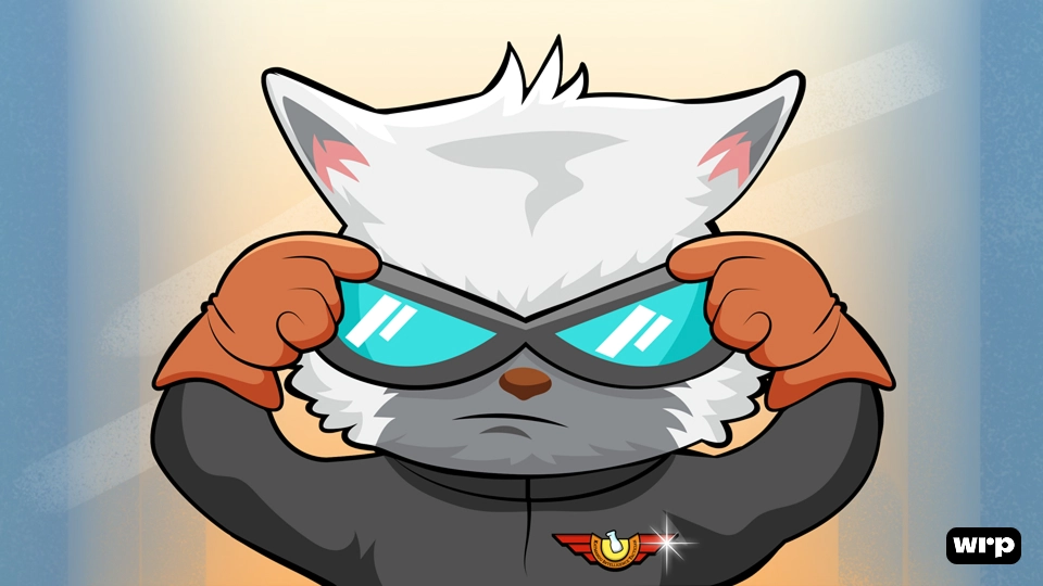 Cartoon white cat wearing orange gloves and adjusting blue goggles with a serious expression.