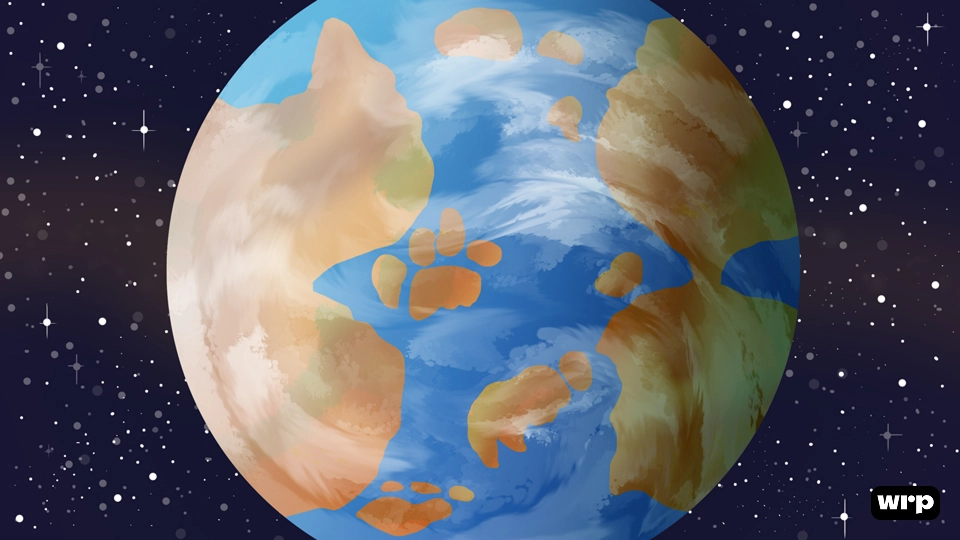 Illustration of a planet resembling Earth with continents shaped like orange cat paw prints against a starry space background.