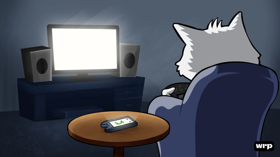 Cat character sitting in a chair playing video games in a dark room with a glowing TV and game controller on a table.