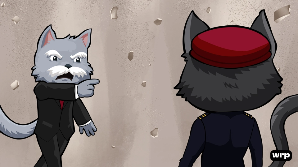 Cartoon of a gray cat in a suit angrily pointing at another cat in a uniform and red hat against a cracked wall.