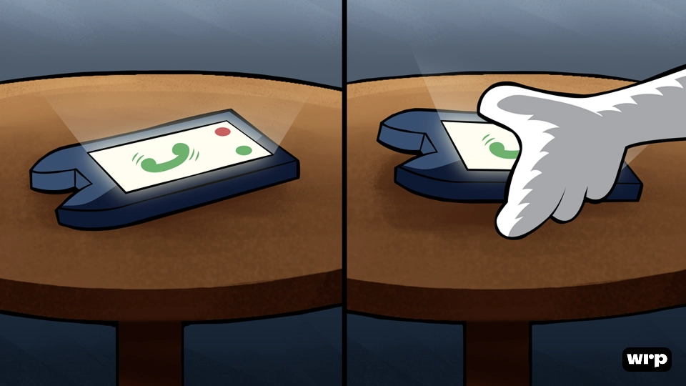 Two-panel cartoon showing a smartphone ringing on a table, then a white cat paw pressing the green answer button.