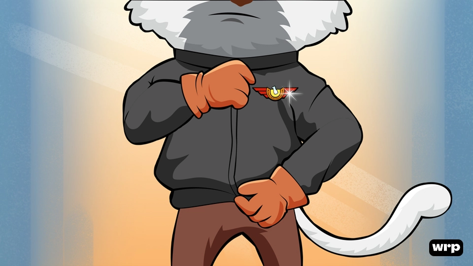 Cartoon white cat wearing brown pants and a black jacket pinning a shining badge on the jacket.