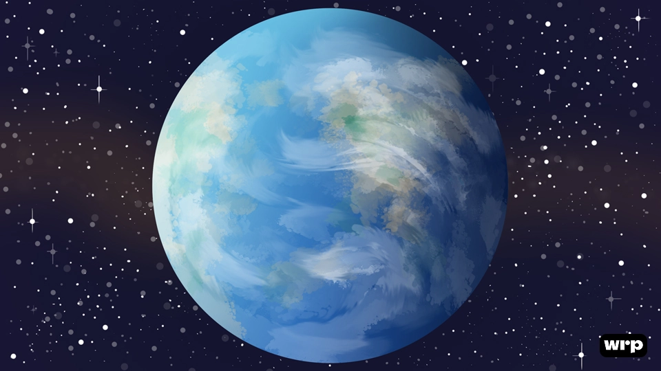 Digital illustration of a blue and green planet with clouds in space surrounded by stars.
