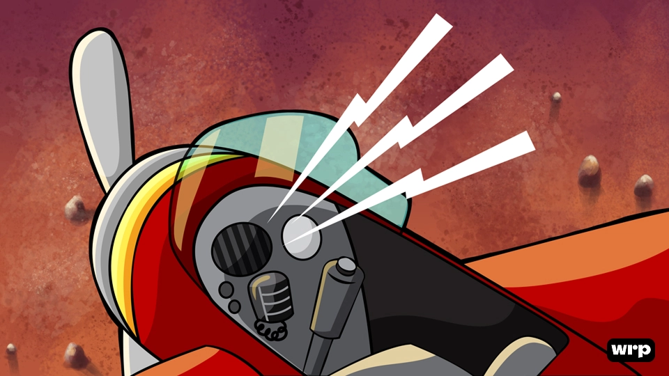 Cartoon red airplane cockpit with radio microphone and white lightning bolts representing radio signals.