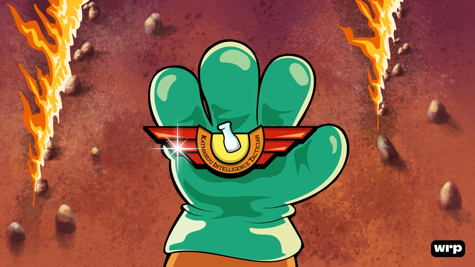Green cartoon hand wearing a glove holding a pin badge with a white chess piece and the text 'KATMANDU INTELLIGENCE TACTICIAN' on a fiery background.