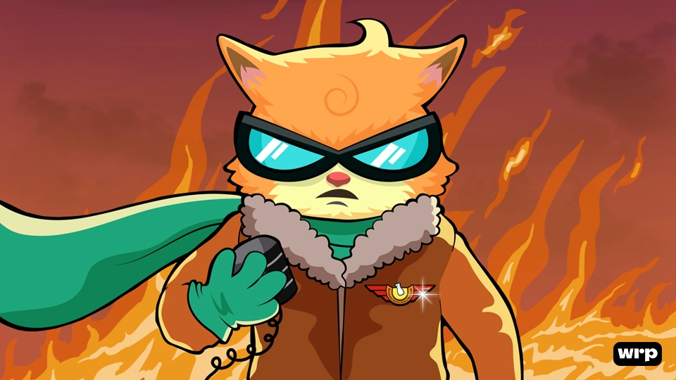 Cartoon orange cat wearing blue goggles, green scarf, and brown jacket, holding a device with flames in the background.