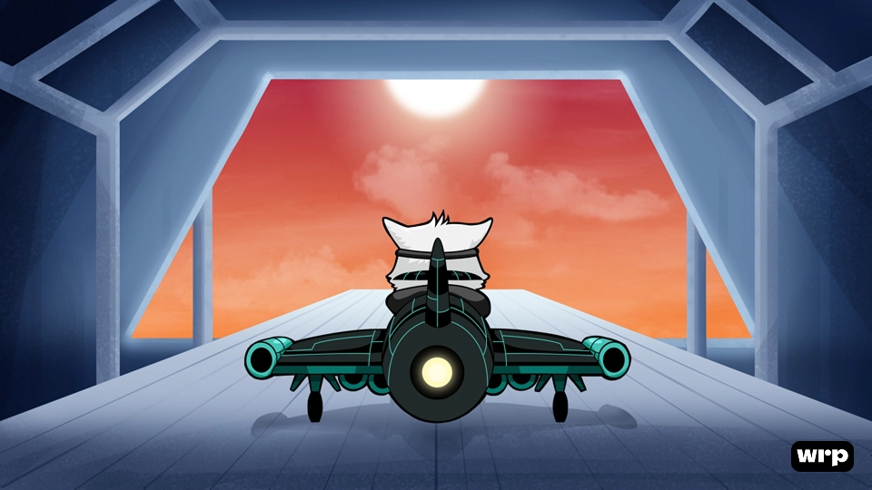 Cartoon cat piloting a futuristic jet from a hangar into an orange sunset sky.