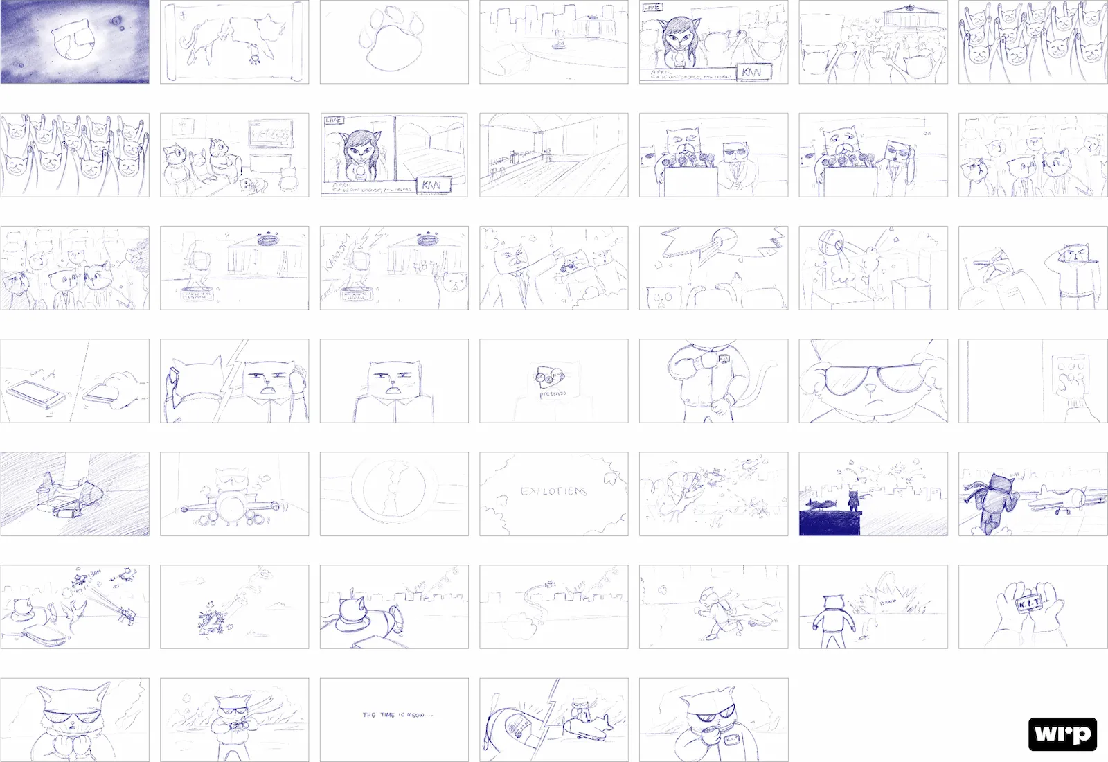 Storyboard sketches depicting an animated cat character in various scenes including news reporting, a cityscape, confrontation, using gadgets, flying a plane, and heroic action sequences.
