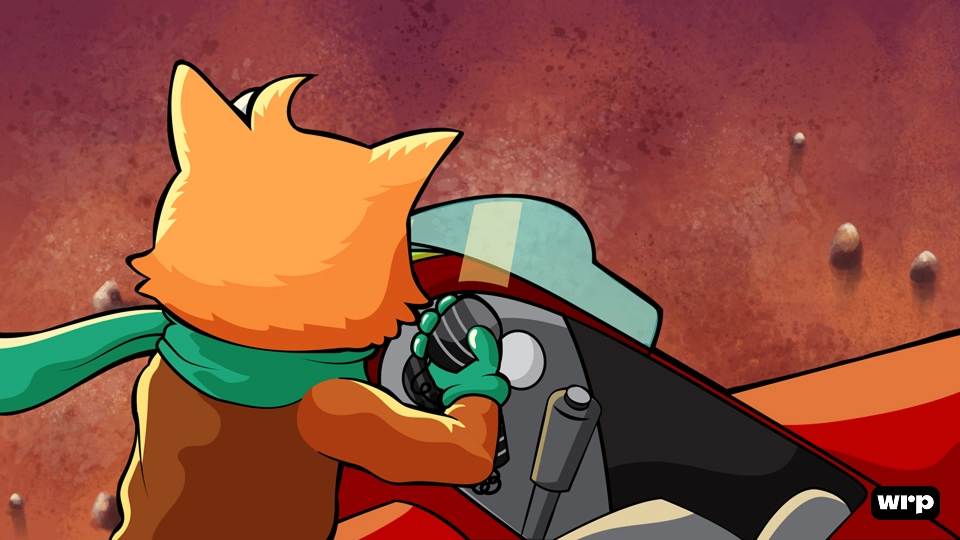 Orange cat wearing a green scarf and gloves driving a red vintage plane.