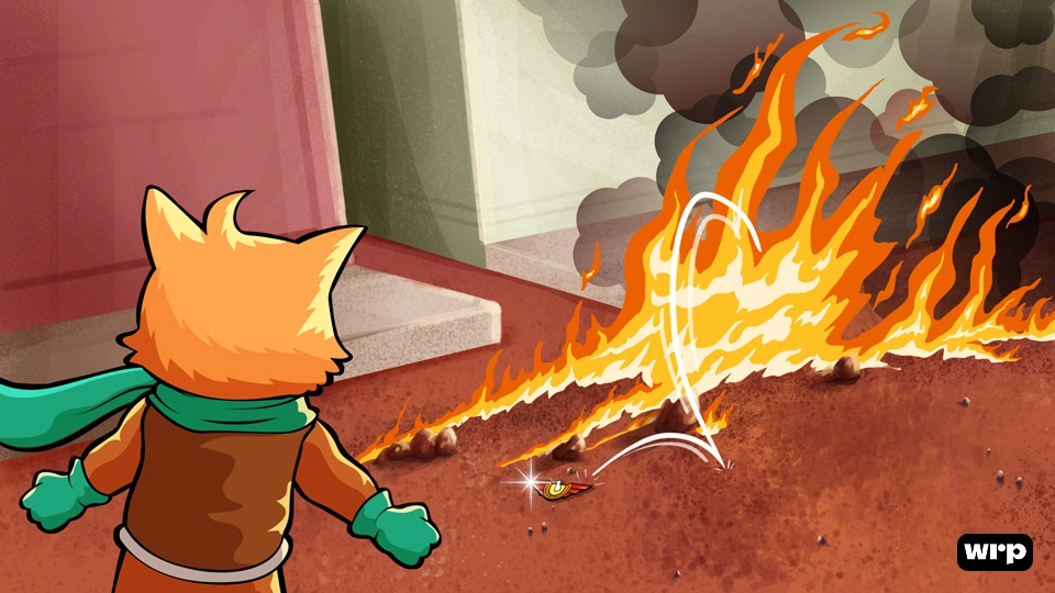 Cartoon cat character in a green scarf and gloves watching a fiery projectile hitting the ground with flames and smoke.