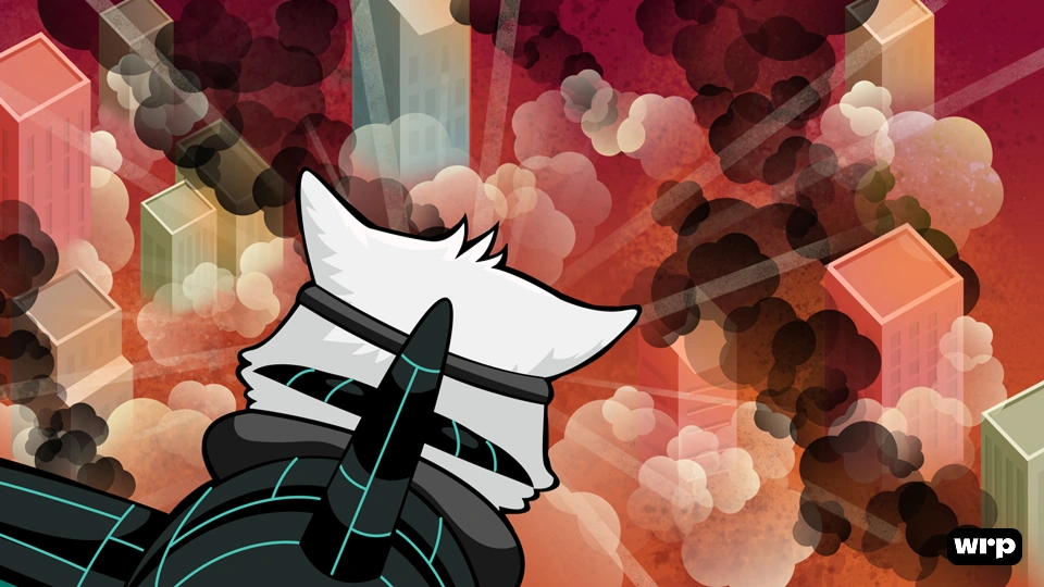White-haired cat in black armor overlooking a city filled with buildings and thick smoke clouds.